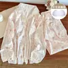 Pijama de cárdigan de manga larga para mujer con almohadillas en el pecho, nuevo conjunto de ropa para el hogar dulce de algodón nube de doble solapa larga con encaje, otoño e invierno