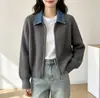 Cardigan Suéter de Malha Canelada com Gola Jeans e Zíper para Mulheres, Blusa de Manga Longa, Casaco Solto Versátil para Camadas Casuais para Outono e Inverno
