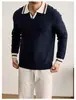 Camisa polo de hombre retro británica con bloques de color, suéter casual de manga larga para otoño e invierno, nuevo