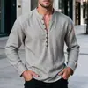 2026 Nova Camisa Henley Masculina Casual Transfronteiriça com Gola Alta, Manga Longa, Vários Botões, Meio Aberta, Camisa Henley Vintage