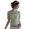 Camisa de Punto Ligera Color Verde Claro con Cuello Polo de Manga Corta Estilo Old Money para Mujer, Top Corto Transpirable de Seda de Hielo Hueco para Verano, Ajuste Delgado Elegante