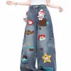 Toalha Bordada de Desenho Animado Americano Jeans Denim Masculino Primavera Tendência Marca Design Calças de Perna Larga Soltas Versátil Comprimento Total