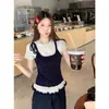 Camisola de Verano de Dos Piezas Estilo Coreano Empalmada Camiseta de Manga Corta con Adorno de Volantes, Top de Corte Ajustado, Nuevo Estilo Versátil de Moda