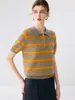 Suéter de cashmere listrado retrô com gola polo para mulheres, top de malha de manga curta, versátil, modelador e elegante camada base