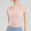Top deportivo de yoga, fitness, pilates, manga corta, ajustado, adelgazante, tirantes finos, para correr, montar a caballo, de malla con almohadilla para el pecho para mujer