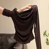 Camiseta Manga Longa Patchwork Bolinhas Ombro Assimétrico Ombro a Ombro Falsa Peça Dupla Estilo Coreano Feminina Primavera/Outono Novo Design Sensação Top Emagrecedor ins