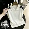 Novo Top de Tricô de Seda Color Block Listrado Feminino para o Verão 2026 com Gola Polo