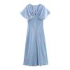 Vestido de Banquete Feminino de Cetim Decote V Cintura Alta 2025 Verão Novo Ajustado Elegante Vestido Longo Estilo Europeu e Americano