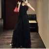 Vestido largo elegante negro Lanxi con encaje de lentejuelas, diseño de torsión en la cintura y parche de malla con abertura