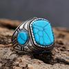 Anel de Aço Inoxidável Personalizado da Moda Retrô Nórdico Mais Vendido Transfronteiriço com Pedra Preciosa Azul Turquesa de Três Lados para Homens em Estoque