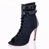 Sapatos de salto alto para dança jazz cadarço preto dança latina bico aberto tornozeleiras femininas couro fivela vazado botas curtas saltos jazz