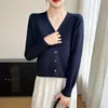 Cardigan de Tricô Gola V Fio 100% Algodão Novo Outono/Inverno 2026 Manga Longa Feminino Cor Sólida Solto Versátil Peça de Sobrepor Feminino
