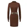 Elegante Vestido Longo de Manga Comprida com Gola Meia-Alta e Cinto para Mulheres, Estação Primavera e Outono, Estilo Puro Desejo, Cintura Marcada, Justo ao Corpo, Vestido Curto Bodycon Sexy