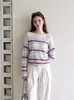 Suéter de Punto Rayado Hueco de Color Contrastante Estilo Coreano para Mujer Principios de Otoño Holgado Perezoso Casual Manga Larga Top 10768