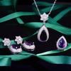 Conjunto de collar y pendientes de flor con forma de pera y gotas de agua vintage de estilo italiano para mujer con diamantes morados y amatista.