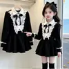 Vestido Infantil Estilo College, Primavera e Outono, com Laço e Renda, Vestido Preto Pequeno Estilo Hepburn, Vestido de Princesa