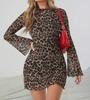 Amazon 2024 Vestido Sexy de Manga Larga con Estampado de Leopardo Falda Corta Vestido Estilo Resort Atuendo Estilo Resort Ropa para Mujer