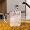 Vaso de Vidrio con Moño y Rayas Verticales, Vaso de Vidrio Grueso Estilo Ins para Chicas, Vaso de Leche con Rayas, Vaso con Asa de Mariposa