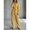 Mono de moda casual de pierna ancha suelta, estilo europeo y americano, nuevo para 2026, mono de una pieza de color liso con cuello en V y manga larga para mujer