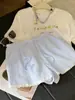 Shorts Rayados Azules Elegantes con Ribete de Encaje para Mujer, Nuevo Estilo de Verano, Cintura Alta Elástica, Pierna Recta, Pantalones Anchos Versátiles Casuales