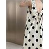 Vestido Regata Longo de Verão Estilo Francês com Estampa de Caranguejo Pontilhado Ondulado, Gola Redonda, Fenda Lateral com Amarração, Design Emagrecedor