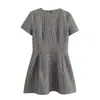 Nova Roupa Feminina Estilo Europeu e Americano Moda Simples Pied-de-poule Manga Curta Vestido Curto