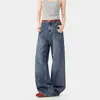 Calça Jeans Lavada com Bigodes Estilo Americano Padrão Bambu para Homens e Mulheres, Nova Tendência Design Retro Solto Calça de Perna Larga