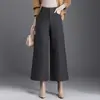 Novas calças de lã cropped de perna larga de alta costura para mulheres, outono e inverno, calças casuais retas de cintura alta emagrecedoras para baixinhas
