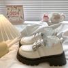 Mocassins de fivela dupla transfronteiriça para mulheres 2024 inverno novo pequeno salto grosso fundo grosso para todos os combinos britânicos pequenos sapatos de couro