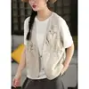 Colete de Algodão e Linho de Alta Qualidade com Bordado Pesado Top sem Mangas Feminino Verão Moda Literária Chique Manto Colete em Camadas Top Feminino