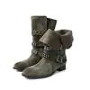 Botas Biker com Fivela de Rebite 2026 Verão Novidade Feminina Cinza-Verde Dobráveis Meio da Panturrilha Botas de Motocicleta Emagrecedoras com Salto Bloco