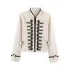 Chaqueta Vintage de Cuello Alto Corto con Decoración de Hebilla Metálica para Mujer, Chaqueta Cardigan Decorada con Nudo de Color Contrastante