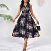 Vestido de Férias Elegante de Comprimento Médio com Estampa Floral, Decote V, Sem Mangas, Para Mulheres Plus Size Europeias e Americanas Amazon