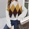 Nuevo Suéter de Punto para Mujer con Patrón de Diamantes, Color Bloque de Moda de Gama Alta, Top Base de Punto para Otoño e Invierno, Comercio Exterior Transfronterizo de Amazon