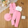 Roupa infantil Baoxi transfronteiriça europeia e americana novo conjunto jaqueta + colete + calças com chapéu para meninas pequenas e médias traje de verão