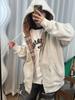 Moletom Cinza Xadrez Contrastante com Capuz Fino para Mulheres Primavera e Outono Tamanho Grande Solto Estilo Preguiçoso Jaqueta Cardigan Top