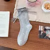 Calcetines con lazo de cinta de encaje para mujer, calcetines dulces de encaje hasta la mitad de la pantorrilla, calcetines de malla con lunares y volantes de gato de dibujos animados japoneses, calcetines jk
