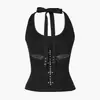 Top de Tubo Estilo Callejero Americano Punk Oscuro con Lazo, Cuello Halter, Alas en la Espalda, Correas Cruzadas y Top que Ceñe la Cintura