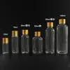 En stock: Botellas de plástico transparente PET multi-especificación de 103050 ml con tapas doradas, botellas dispensadoras de boca estrecha, botellas de muestra