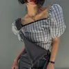 Chique Coreano 2026 Verão Nova Temperamento Retrô Patchwork de Renda Gola Quadrada Manga Curta Bufante Camisa Xadrez Feminina