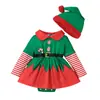 Roupas Infantis de Natal Europeias e Americanas Bebê Listrado Costurado Manga Longa Estampado de Natal Gola Lapela Hoodie Triângulo + Gorro de Natal