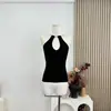 Chaleco de Punto Calado con Cuello Halter Metálico 2026 para Mujer, Ceñido a la Cintura, Adelgazante, Estilo Sexy, Top Ajustado sin Mangas