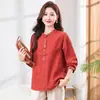Camisa de manga larga estilo étnico para mujeres de mediana edad y mayores, nueva colección primavera/otoño 2026, top de algodón puro holgado y moderno para figuras petite