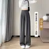 Calça de terno cinza feminina, novo estilo de outono, cintura alta, corte reto, modelagem que afina, calça casual, versão estreita, calça de perna larga fluida, comprimento até o chão