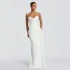 Vestido Longo Branco Puro Sem Alças para Banquete de Casamento com Franzidos Drapeados no Peito, Cintura Estruturada, Babados e Fitas Plissados à Mão na Lateral