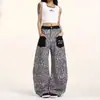 Jeans retro de calle americanos con parche de leopardo y bolsillos, para hombre y mujer, estilo callejero holgado, pierna ancha, curvos, casual, pantalones largos