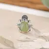 Yilu Anillo de Plata de Ley S925 Jade Natural Hetian Jade Qingshui Anillo Abierto Patrón de Cicada Dorada Antigua Hierba Tang