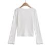 DS24385-24 nuevo invierno americano cuello en V plisado dos botones encaje costuras manga larga camiseta básica