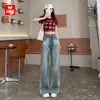 Jeans Wide Leg Lavado Vintage Feminino Outono 2024 Novo Cintura Alta Solto Dosagem Estilo Americano Calça Reta