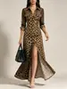 2026 Estação Independente Transfronteiriça Estilo Europeu e Americano Estampa de Leopardo Malha Costurada Moda Casual Fenda Vestido Feminino